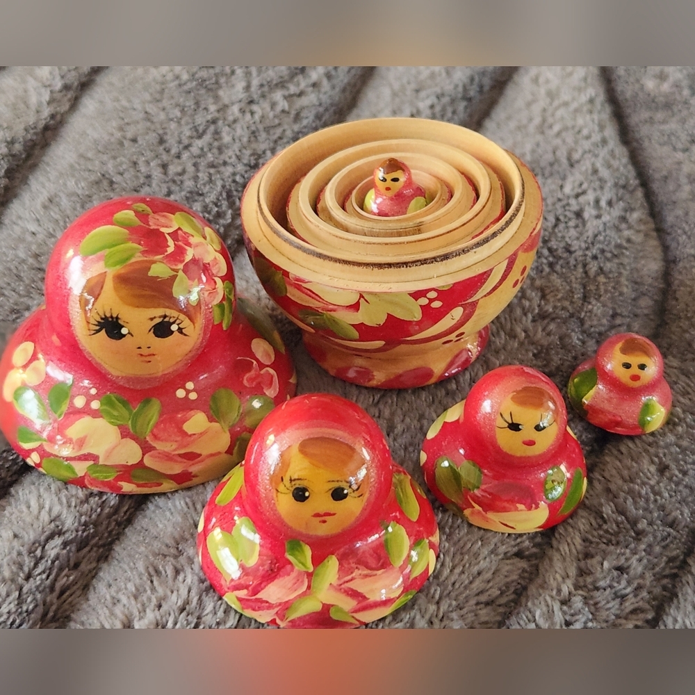 Miniature Matryoshka Nesting Dolls Set of 5 Red Pink Floral Initialed